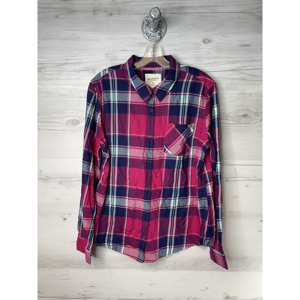 Arizona Jean Co Womens XL Plaid Flannel Shirt Pink Blue Long Sleeve Button Up